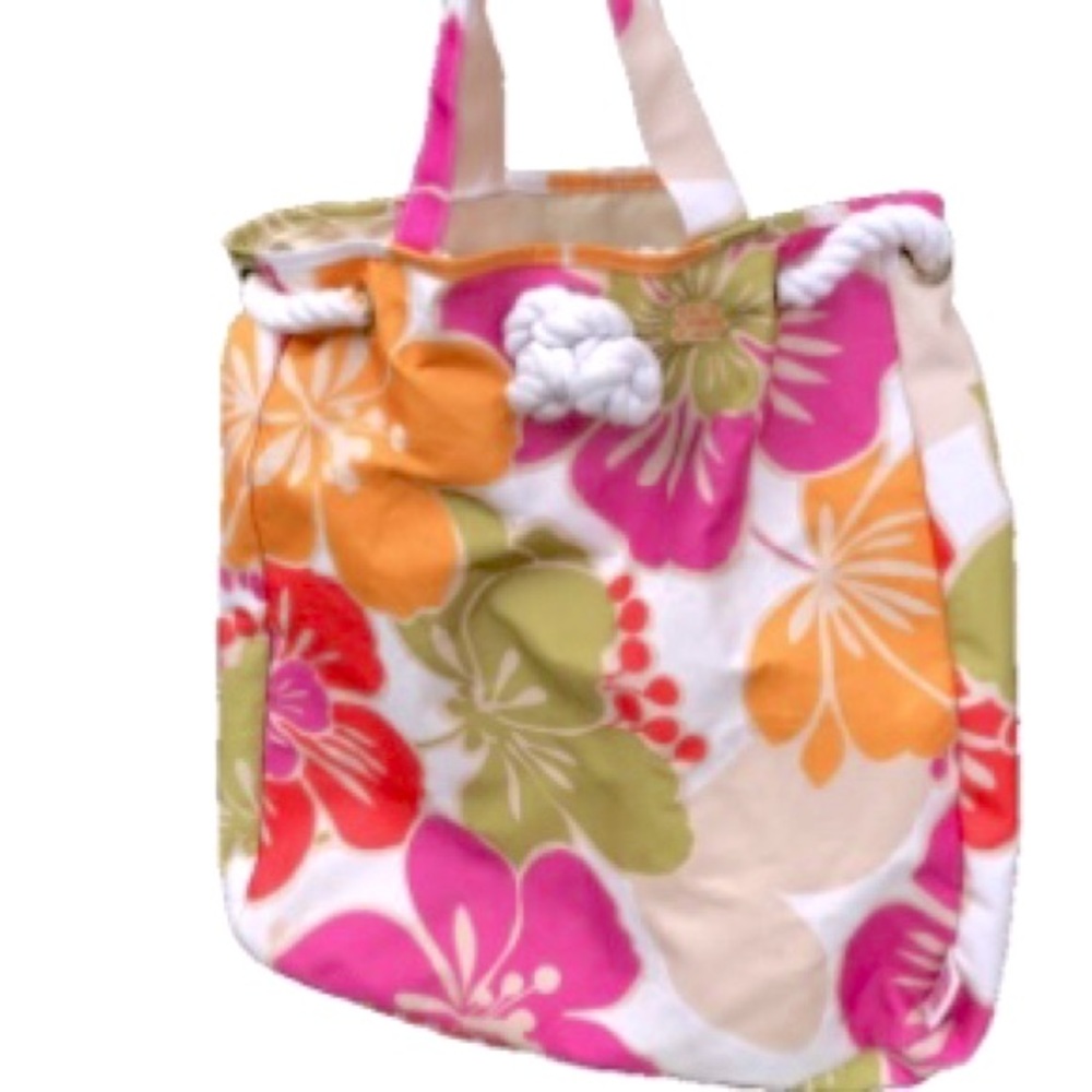 Hawaiian Floral Nautical Rope Tie with Handles Beach Tote Bag 13 x 13 x 3 inches